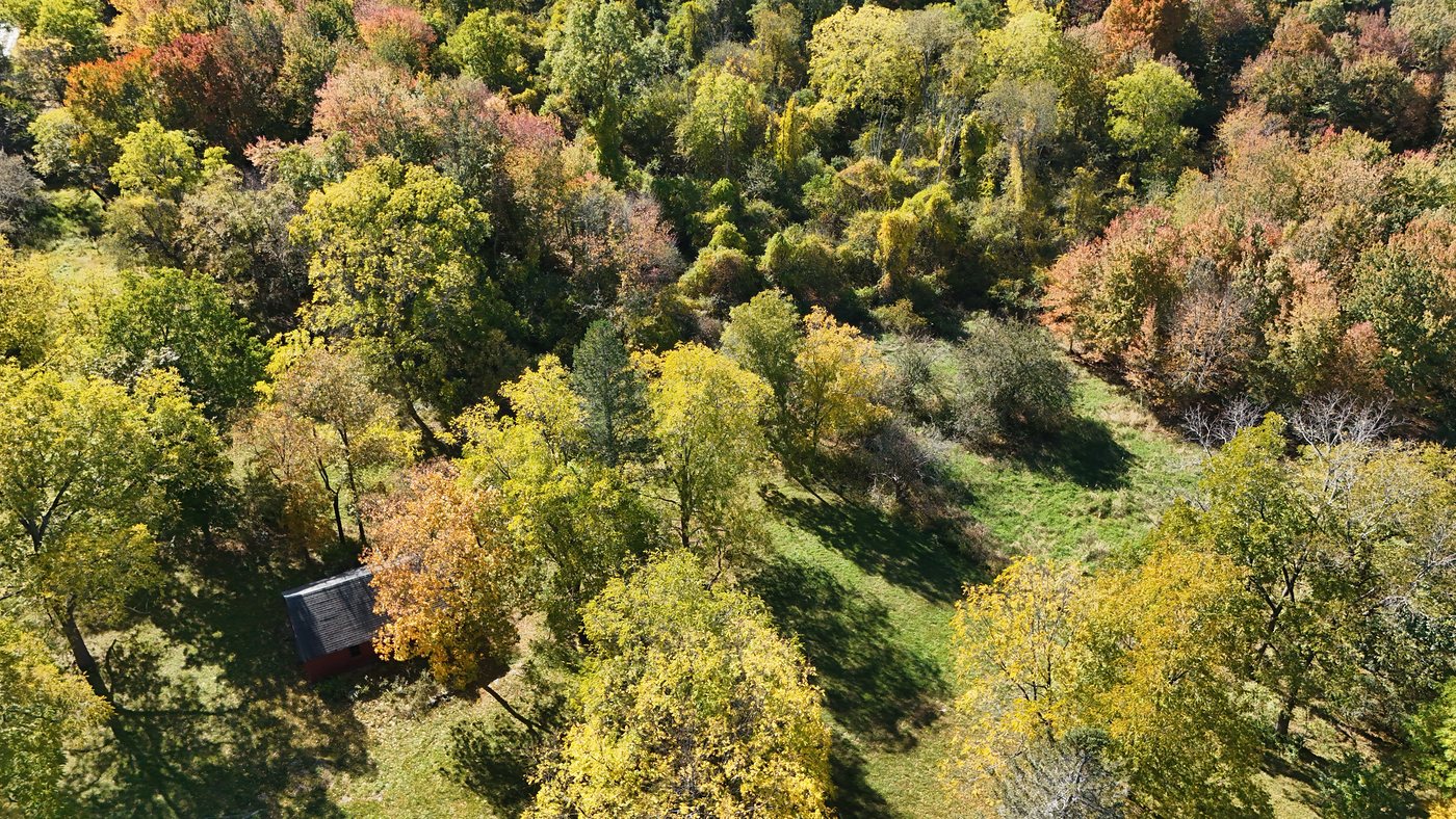 Aerial view of the Barber Reservation trailhead area surrounded by fall woods
