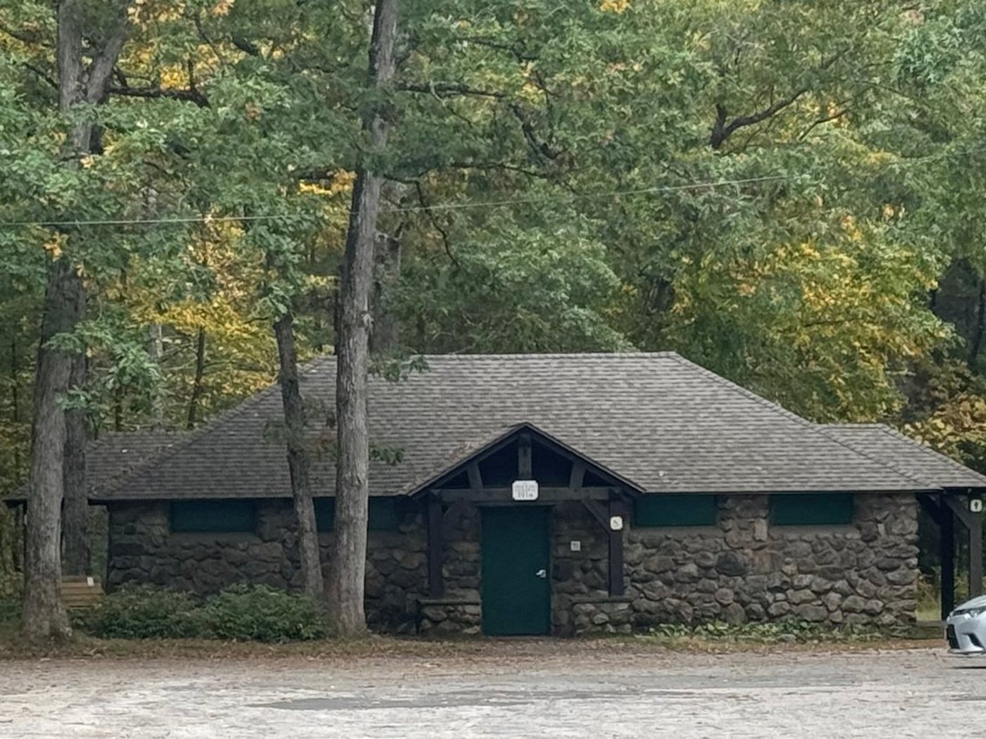 The stone bath house at Farm Pond beside the parking lot