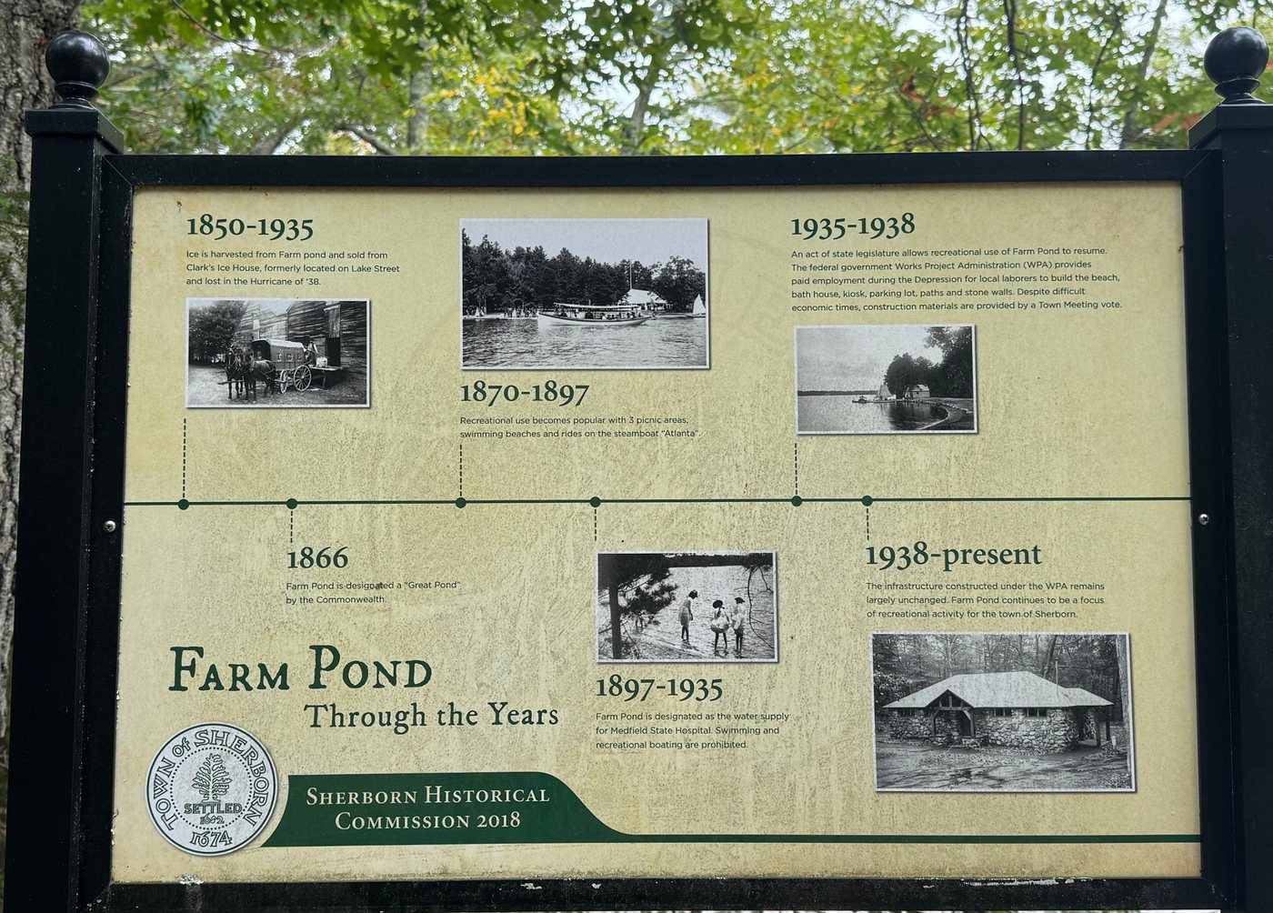 The Farm Pond Through the Years history sign by the Sherborn Historical Commission