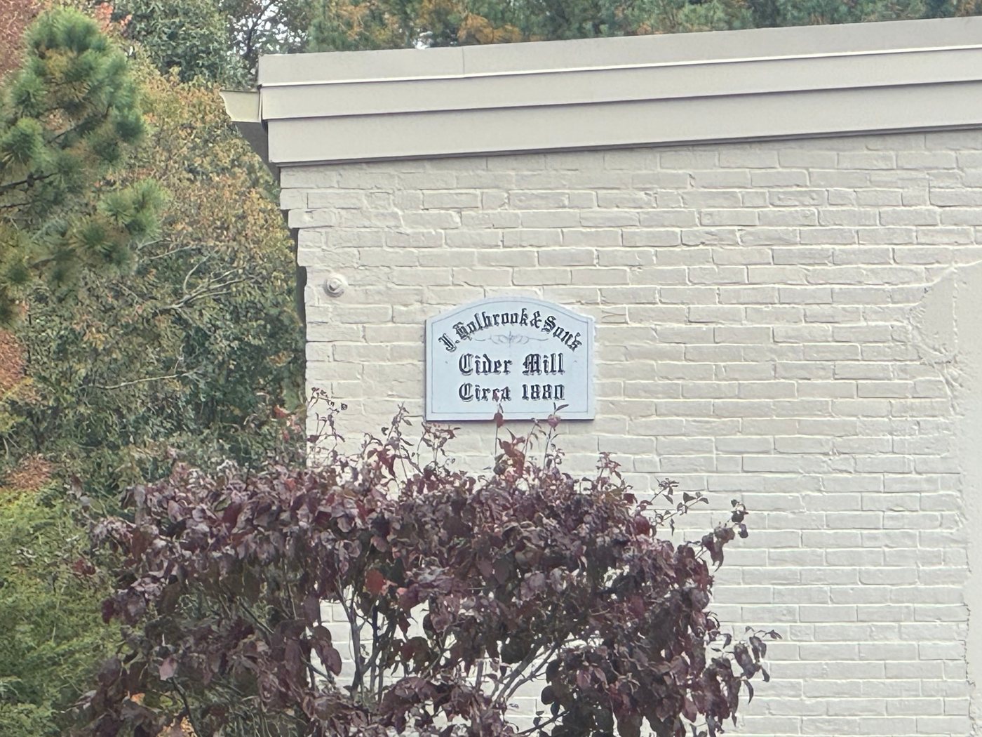 A sign reading J. Holbrook & Son’s Cider Mill, Circa 1880, on a painted brick building behind a purple-leaved tree