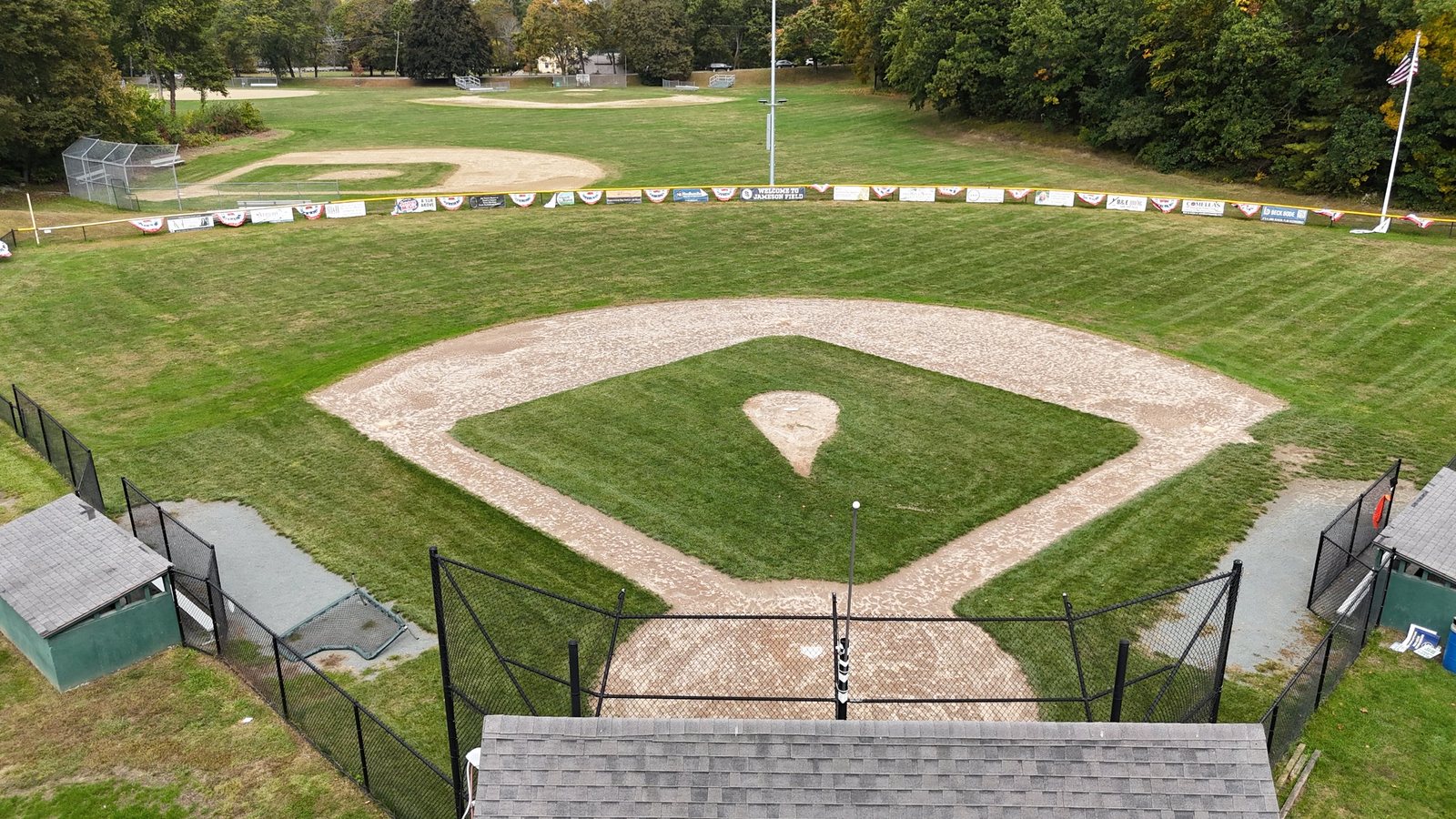 Aerial view of Jameson Field 1 from behind home plate, with the other Jameson diamonds beyond